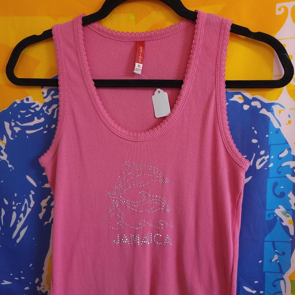 Pink tank top with rhinestone dolphin design and 'JAMAICA' text, size XL #jamaic